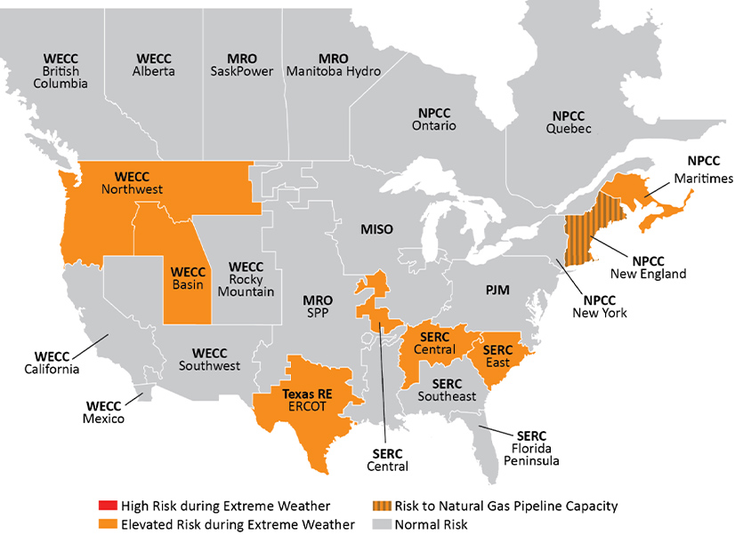 A NERC-produced map showing which regions face higher reliability risks during extended cold snaps this upcoming winter.