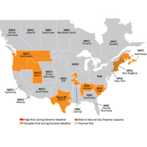 A NERC-produced map showing which regions face higher reliability risks during extended cold snaps this upcoming winter.