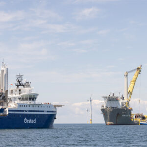 Ørsted's Eco Edison service operations vessel and the Bokalift 1 heavy lift vessel are shown at work on the Revolution Wind project off the New England coast Aug. 20. Ørsted's Eco Edison service operations vessel and the Bokalift 1 heavy lift vessel are shown at work on the Revolution Wind project off the New England coast Aug. 20.