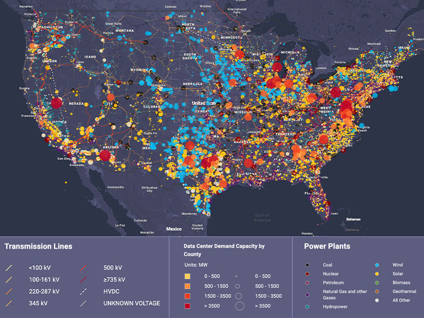 A National Renewable Energy Laboratory data viewer shows planned data centers and the generation and transmission assets that would serve them.