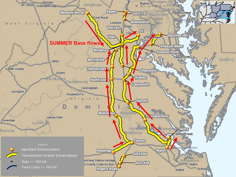 A PJM graphic shows power flows driving transmission violations identified in the 2025 Regional Transmission Expansion Plan.