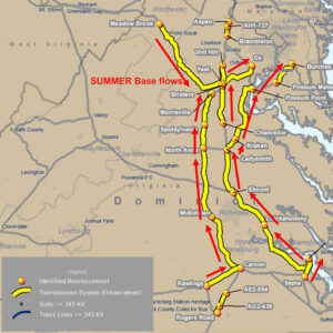 A PJM graphic shows power flows driving transmission violations identified in the 2025 Regional Transmission Expansion Plan.