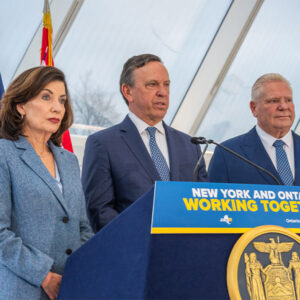 From left, New York Gov. Kathy Hochul, New York Power Authority President Justin Driscoll and Ontario Premier Doug Ford discuss a new memorandum of understanding on nuclear power development. From left, New York Gov. Kathy Hochul, New York Power Authority President Justin Driscoll and Ontario Premier Doug Ford discuss a new memorandum of understanding on nuclear power development.