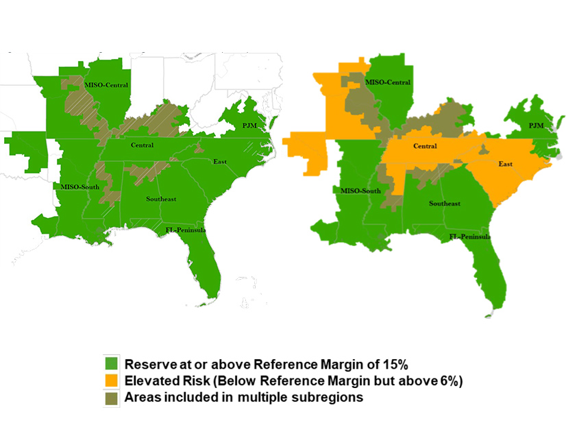 SERC subregions' margins under normal (left) and extreme conditions for December 2025 through February 2026