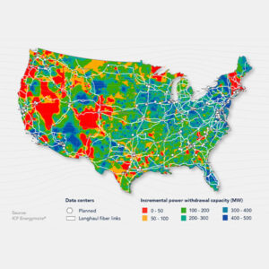 Planned data center development overlaid by electric withdrawal capacity and fiber optic networks Planned data center development overlaid by electric withdrawal capacity and fiber optic networks