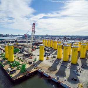 Components are staged for the Coastal Virginia Offshore Wind project in January 2025. Components are staged for the Coastal Virginia Offshore Wind project in January 2025.