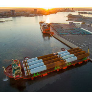 The first monopile foundations for the Coastal Virginia Offshore Wind project arrive in Portsmouth, Va., in October 2023. The first monopile foundations for the Coastal Virginia Offshore Wind project arrive in Portsmouth, Va., in October 2023.