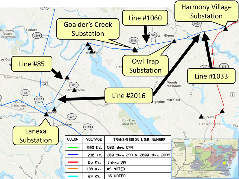 A Dominion map shows several lines with deteriorating steel structures. A Dominion map shows several lines with deteriorating steel structures.