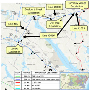 A Dominion map shows several lines with deteriorating steel structures. A Dominion map shows several lines with deteriorating steel structures.