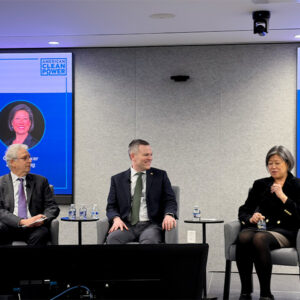 Former FERC Chair Richard Glick of GQS New Energy Strategies (left) interviews current Commissioners David Rosner and Judy Chang at American Clean Power Association's headquarters. Former FERC Chair Richard Glick of GQS New Energy Strategies (left) interviews current Commissioners David Rosner and Judy Chang at American Clean Power Association's headquarters.