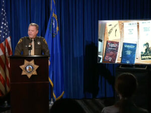 In a press conference, Sheriff Kevin McMahill with the Las Vegas Metropolitan Police shared an image of some of the books and other literature found in Dawson Maloney's hotel room. In a press conference, Sheriff Kevin McMahill with the Las Vegas Metropolitan Police shared an image of some of the books and other literature found in Dawson Maloney's hotel room.
