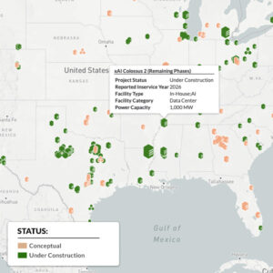 A Yes Energy map showing data center projects around the country with xAI's Colossus 2 facility in suburban Memphis, Tenn., highlighted. A Yes Energy map showing data center projects around the country with xAI's Colossus 2 facility in suburban Memphis, Tenn., highlighted.