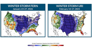 Average temperature departure from mean during winter storms in late January 2026 and February 2021 Average temperature departure from mean during winter storms in late January 2026 and February 2021