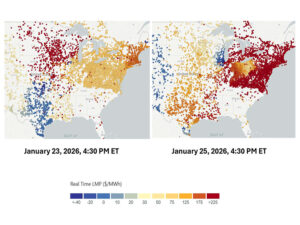 A map Grid Strategies filed with the committee showing how Winter Storm Fern impacted prices as it moved across the Eastern Interconnection. The firm argued more transmission could have saved money on both days. A map Grid Strategies filed with the committee showing how Winter Storm Fern impacted prices as it moved across the Eastern Interconnection. The firm argued more transmission could have saved money on both days.