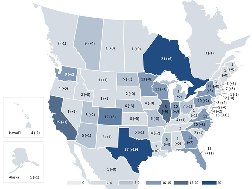 Participants in the GridEx VIII distributed play by state or province, with the change from GridEx VII in parentheses. Participants with operations in multiple states/provinces are counted by the location of their headquarters. Participants in the GridEx VIII distributed play by state or province, with the change from GridEx VII in parentheses. Participants with operations in multiple states/provinces are counted by the location of their headquarters.