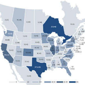 Participants in the GridEx VIII distributed play by state or province, with the change from GridEx VII in parentheses. Participants with operations in multiple states/provinces are counted by the location of their headquarters. Participants in the GridEx VIII distributed play by state or province, with the change from GridEx VII in parentheses. Participants with operations in multiple states/provinces are counted by the location of their headquarters.