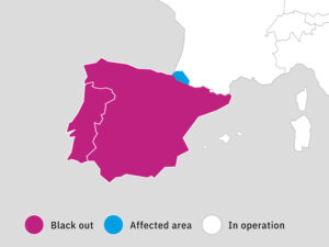 A map shows the area affected by the Iberian blackout. A map shows the area affected by the Iberian blackout.