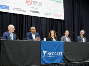 From left: moderator Robert Rosenthal, Greenberg Traurig; Stephane Desdunes, EDF Power Solutions; Sarah Salati, National Grid Ventures; Stuart Nachmias, Con Ed; and Tom Vaccaro, TDI-USA Holdings, discuss New York’s energy goals at the New York Energy Summit in Albany on April 14. From left: moderator Robert Rosenthal, Greenberg Traurig; Stephane Desdunes, EDF Power Solutions; Sarah Salati, National Grid Ventures; Stuart Nachmias, Con Ed; and Tom Vaccaro, TDI-USA Holdings, discuss New York’s energy goals at the New York Energy Summit in Albany on April 14.