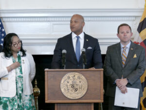 Maryland Gov. Wes Moore (D) is flanked by House of Delegates Speaker Joseline Peña-Melnyk (D) and Senate President Bill Ferguson (D) during a press conference on April 13 announcing the deal. Maryland Gov. Wes Moore (D) is flanked by House of Delegates Speaker Joseline Peña-Melnyk (D) and Senate President Bill Ferguson (D) during a press conference on April 13 announcing the deal.
